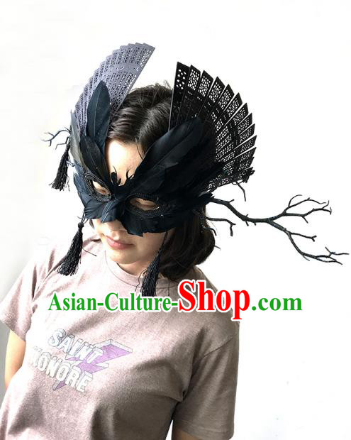 Halloween Venice Exaggerated Black Feather Face Mask Fancy Ball Props Catwalks Accessories Christmas Masks