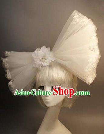 Top Grade Catwalks Hair Accessories Exaggerated White Veil Bowknot Hair Clasp Halloween Modern Fancywork Headwear
