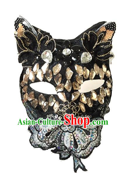 Halloween Handmade Crystal Cat Face Mask Fancy Ball Catwalks Masks Christmas Exaggerated Feather Masks