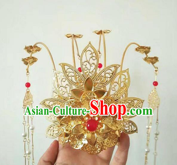 China Ancient Hair Accessories Chinese Traditional Golden Phoenix Coronet Tassel Hairpins for Women