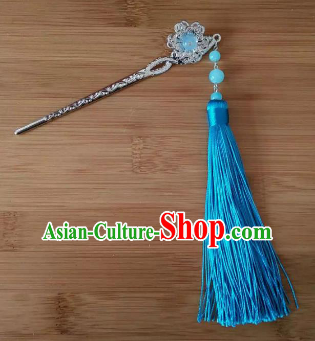 China Ancient Hair Accessories Hanfu Blue Tassel Hair Clip Chinese Classical Hairpins for Women