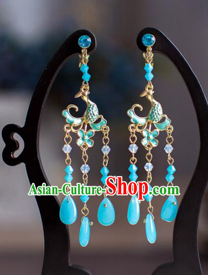 Chinese Ancient Bride Classical Accessories Blue Earrings Wedding Jewelry Hanfu Eardrop for Women