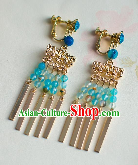 Chinese Ancient Bride Classical Accessories Earrings Wedding Jewelry Hanfu Blue Beads Tassel Eardrop for Women