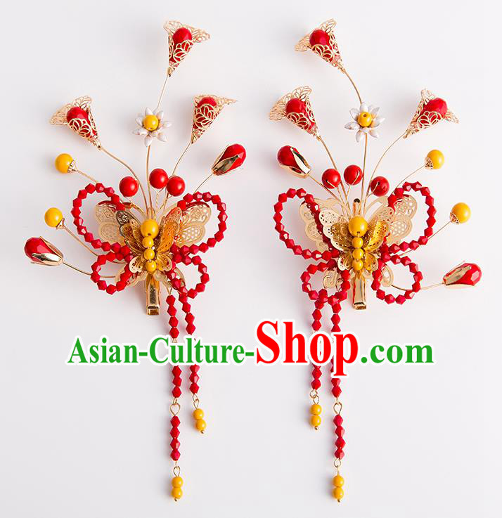 Chinese Traditional Wedding Hair Accessories Ancient Bride Red Beads Butterfly Hair Claws Hairpins Headwear for Women