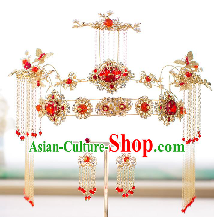 Chinese Traditional Palace Hair Accessories Phoenix Coronet Xiuhe Suit Hairpins Ancient Tassel Hair Clips Complete Set for Women