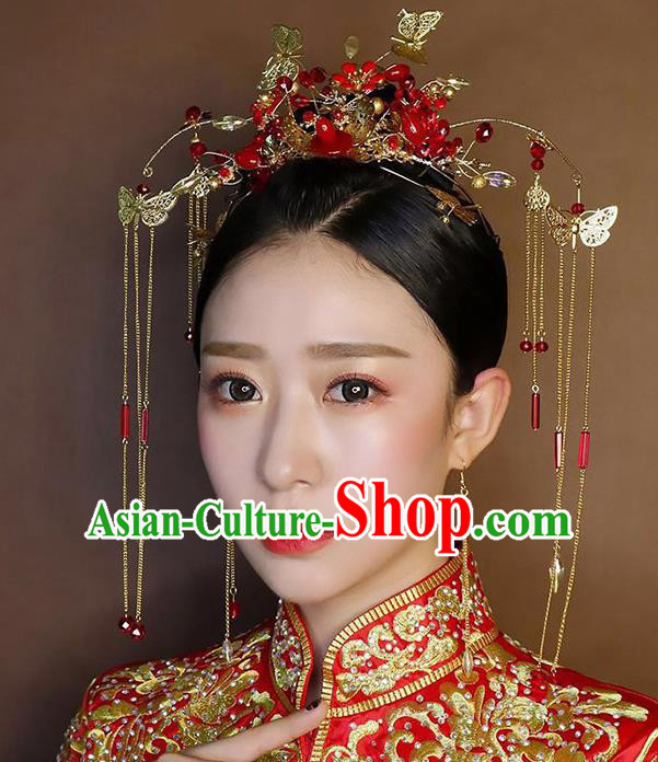 Chinese Traditional Palace Hair Accessories Xiuhe Suit Red Phoenix Coronet Ancient Hairpins Complete Set for Women