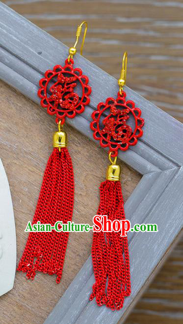 Chinese Ancient Bride Classical Accessories Red Tassel Earrings Wedding Jewelry Hanfu Eardrop for Women