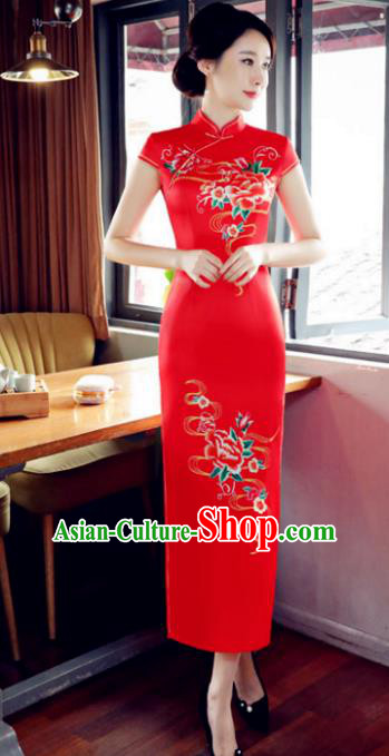 Top Grade Chinese Printing Peony Red Silk Qipao Dress National Costume Traditional Mandarin Cheongsam for Women
