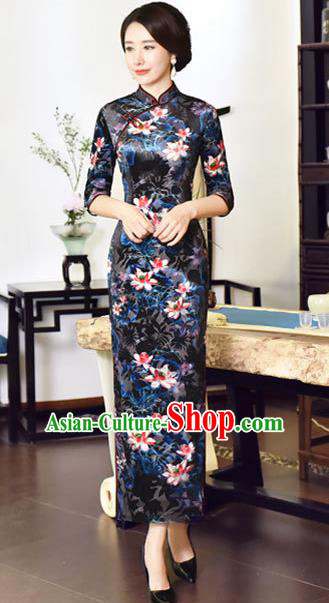 Top Grade Chinese National Costume Navy Velvet Qipao Dress Traditional Tang Suit Cheongsam for Women