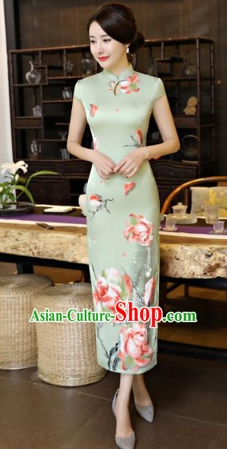Chinese National Costume Tang Suit Qipao Dress Traditional Printing Rose Green Cheongsam for Women