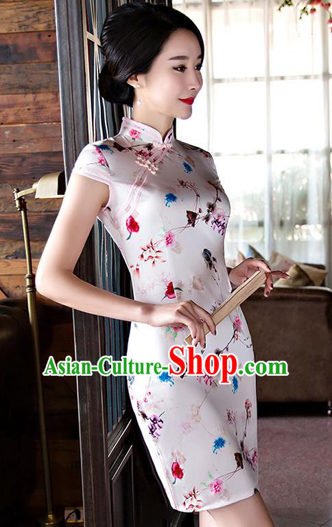 Chinese National Costume Tang Suit White Silk Qipao Dress Traditional Printing Cheongsam for Women