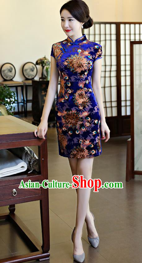 Chinese National Costume Tang Suit Retro Qipao Dress Traditional Printing Blue Cheongsam for Women