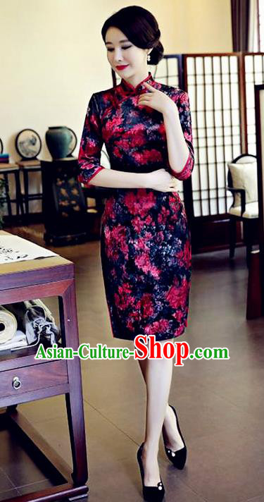 Chinese National Costume Handmade Navy Velvet Qipao Dress Traditional Tang Suit Printing Chrysanthemum Cheongsam for Women