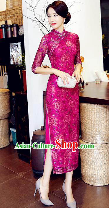 Chinese National Costume Handmade Rosy Lace Qipao Dress Traditional Tang Suit Cheongsam for Women