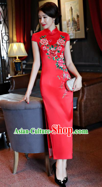 Chinese National Costume Handmade Tang Suit Qipao Dress Traditional Printing Peony Red Silk Cheongsam for Women
