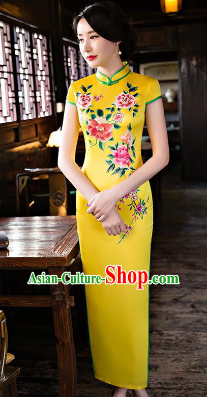 Chinese National Costume Handmade Tang Suit Qipao Dress Traditional Printing Peony Yellow Silk Cheongsam for Women