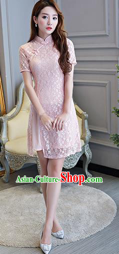 Chinese National Costume Tang Suit Pink Lace Qipao Dress Traditional Cheongsam for Women