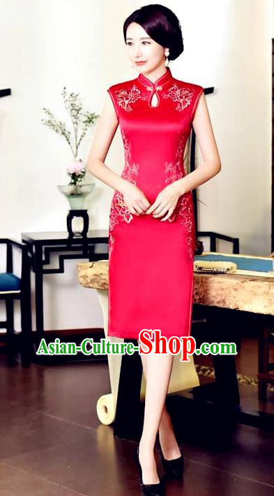 Chinese National Costume Tang Suit Red Silk Qipao Dress Traditional Embroidered Chrysanthemum Cheongsam for Women