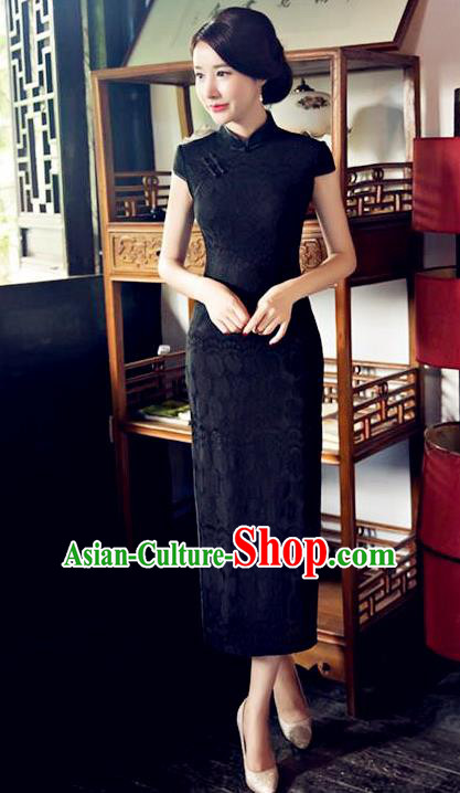 Chinese National Costume Tang Suit Qipao Dress Traditional Republic of China Black Lace Cheongsam for Women