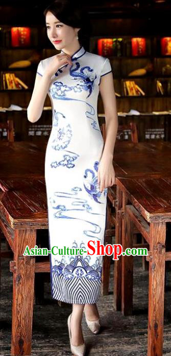 Chinese National Costume Tang Suit Qipao Dress Traditional Republic of China White Silk Cheongsam for Women