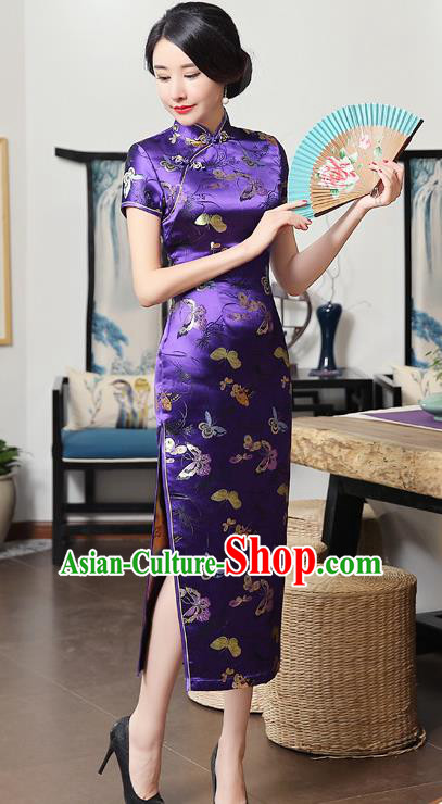 Chinese National Costume Tang Suit Qipao Dress Traditional Republic of China Purple Brocade Cheongsam for Women