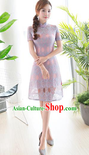 Chinese National Costume Tang Suit Lilac Lace Qipao Dress Traditional Republic of China Cheongsam for Women