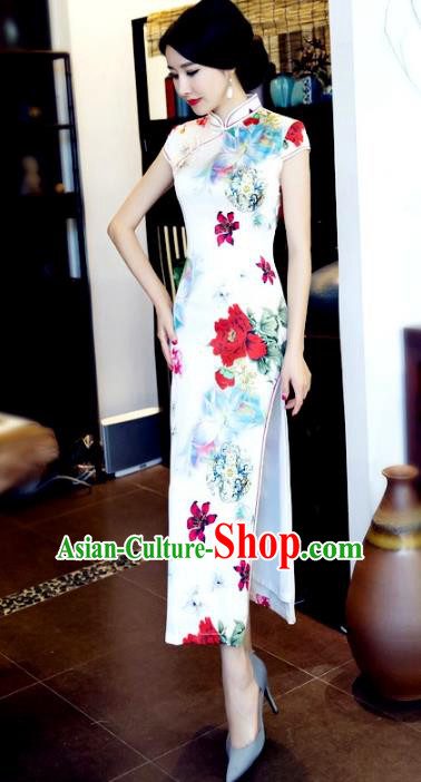 Chinese National Costume Retro Printing Peony White Silk Qipao Dress Traditional Republic of China Tang Suit Cheongsam for Women