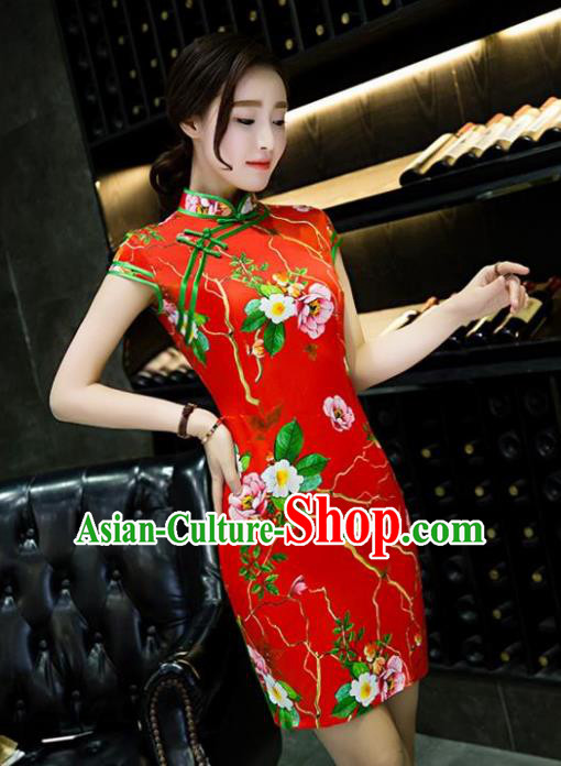 Chinese Top Grade Retro Printing Red Short Qipao Dress Traditional Republic of China Tang Suit Cheongsam for Women