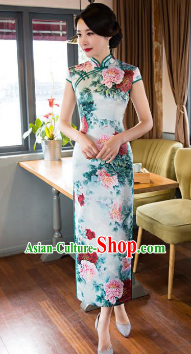 Chinese Top Grade Retro Printing Peony Green Qipao Dress Traditional Republic of China Tang Suit Cheongsam for Women
