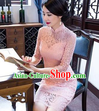 Top Grade Chinese Elegant Short Cheongsam Traditional China Tang Suit Pink Lace Qipao Dress for Women