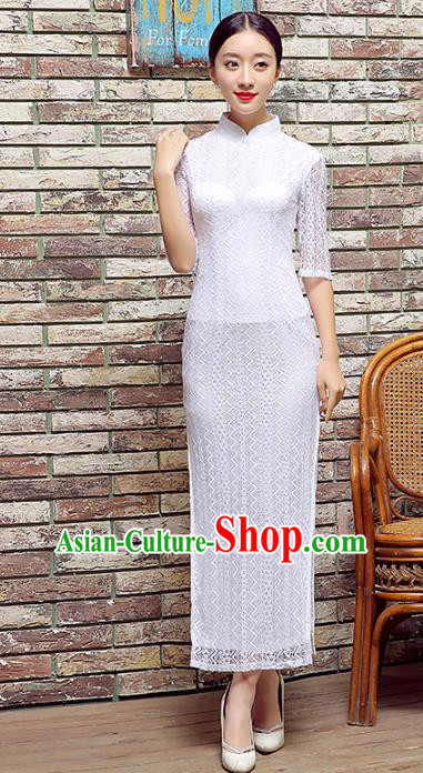 Traditional Chinese Elegant Cheongsam China Tang Suit White Lace Qipao Dress for Women