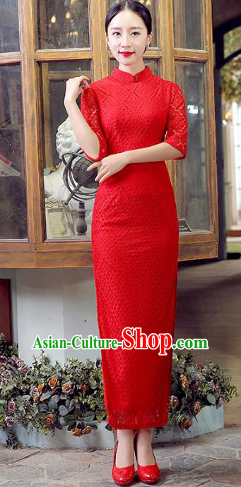 Traditional Chinese Elegant Cheongsam China Tang Suit Red Lace Qipao Dress for Women