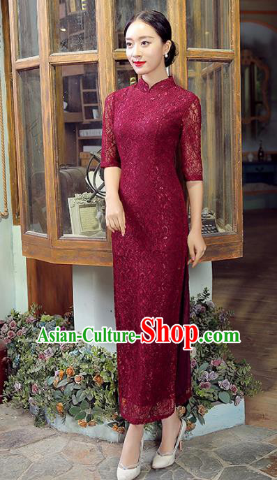 Traditional Chinese Elegant Cheongsam China Tang Suit Wine Red Lace Qipao Dress for Women