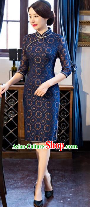 Traditional Chinese Elegant Cheongsam China Tang Suit Navy Lace Qipao Dress for Women