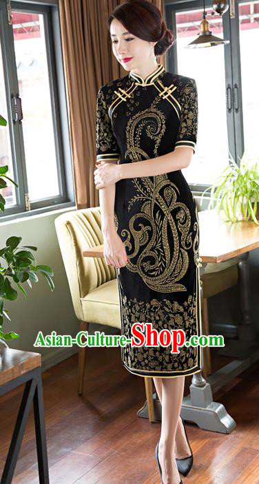 Chinese Traditional Costume Elegant Black Velvet Cheongsam China Tang Suit Qipao Dress for Women