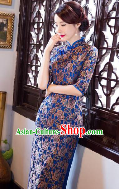 Chinese Traditional Costume Elegant Silk Cheongsam China Tang Suit Blue Qipao Dress for Women
