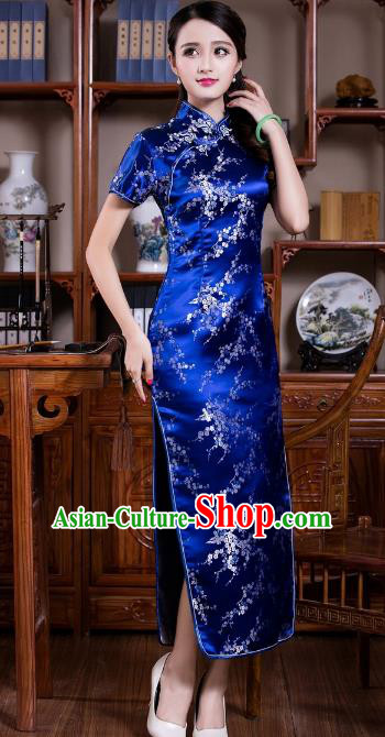 Chinese Traditional Costume Graceful Plum Blossom Cheongsam China Tang Suit Blue Brocade Qipao Dress for Women