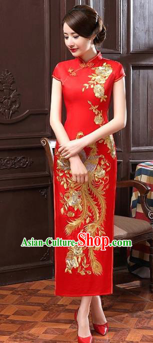 Chinese Traditional Costume Embroidered Phoenix Red Cheongsam China Tang Suit Silk Qipao Dress for Women