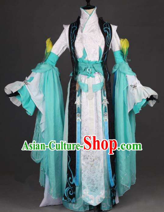 Chinese Ancient Swordswoman Costume Cosplay Female Knight-errant Green Dress Hanfu Clothing for Women