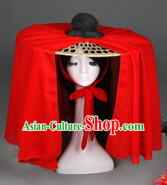 Traditional Handmade Chinese Ancient Swordswoman Hats Red Veil Bamboo Hat for Women
