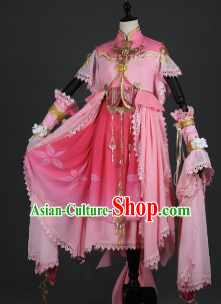 Chinese Ancient Female Knight-errant Heroine Costume Cosplay Swordswoman Pink Dress Hanfu Clothing for Women