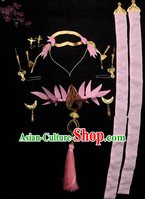 Traditional Handmade Chinese Hair Accessories Ancient Swordswoman Hairpins Pink Headband Complete Set for Women