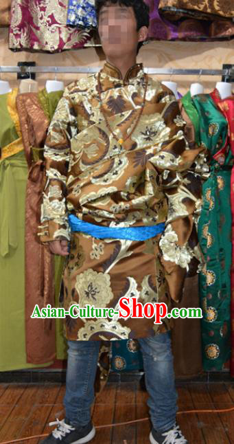 Chinese Traditional Zang Nationality Golden Tibetan Robe, China Tibetan Ethnic Heishui Dance Costume for Men