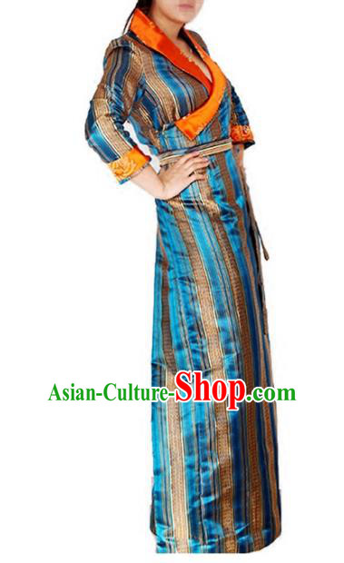 Chinese Traditional Zang Nationality Blue Dress, China Tibetan Ethnic Heishui Dance Costume for Women