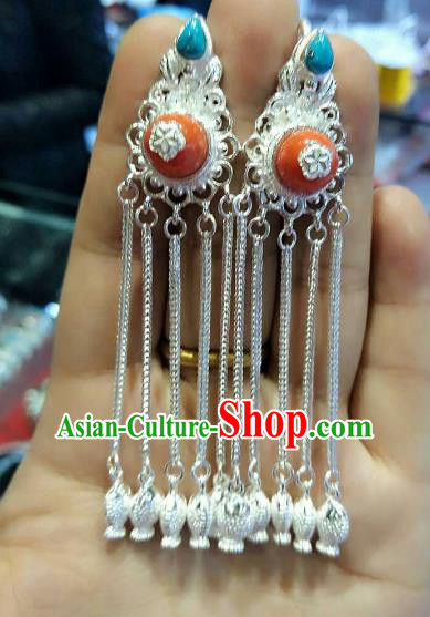 Chinese Traditional Zang Nationality Earrings Accessories, China Tibetan Ethnic Silver Tassel Eardrop for Women