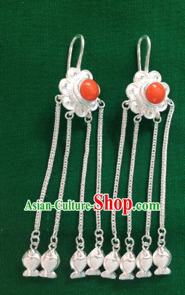 Chinese Traditional Zang Nationality Red Earrings Accessories, China Tibetan Ethnic Silver Tassel Eardrop for Women