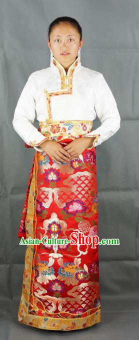 Chinese Traditional Zang Nationality Red Brocade Bust Skirt, China Tibetan Ethnic Heishui Dance Costume for Women