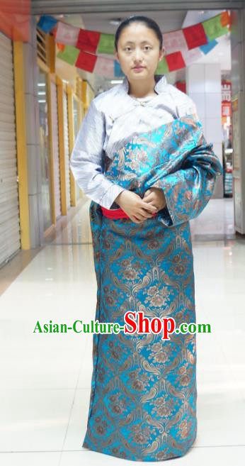 Chinese Zang Nationality Blue Brocade Tibetan Robe, China Traditional Tibetan Ethnic Heishui Dance Costume for Women
