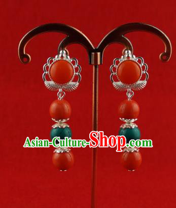 Chinese Traditional Zang Nationality Jewelry Accessories Sliver Earrings, China Tibetan Ethnic Red Beads Eardrop for Women