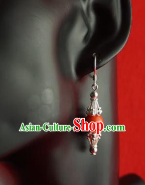 Chinese Traditional Zang Nationality Jewelry Accessories Sliver Earrings, China Tibetan Ethnic Red Bead Eardrop for Women